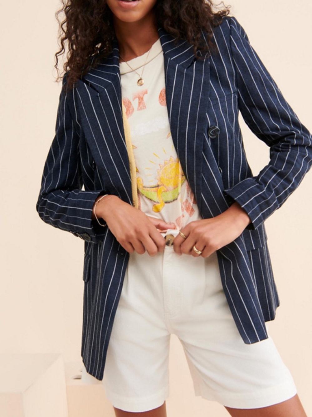 FREE PEOPLE Navy and White Pinstripe Ashby Blazer - Picture 5 of 10